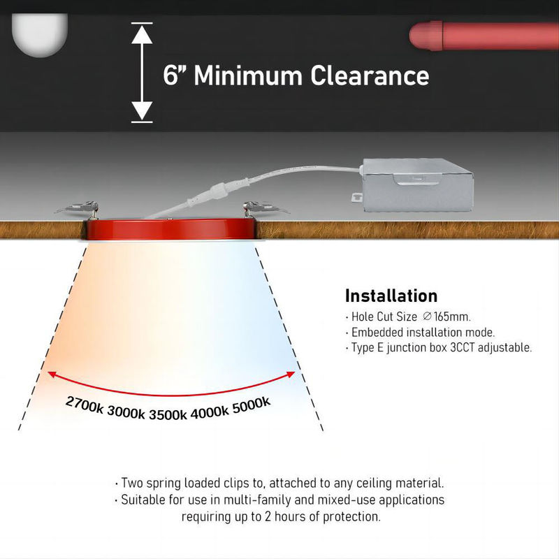 Fire Rated Dimmable LED Downlights 6inch 15w 5cct UL certified For Bathroom
